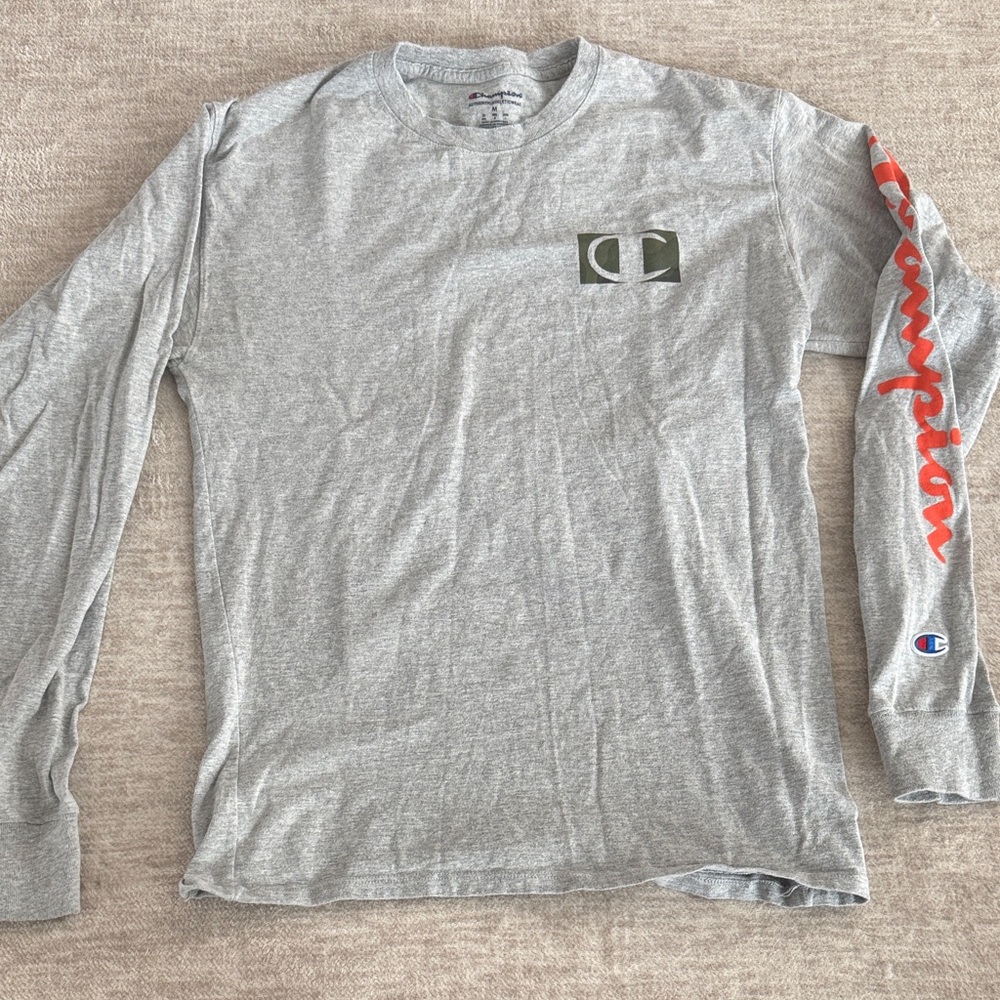 Champion Gray Long Sleeve Tee Mens Medium Orange Logo sleeve